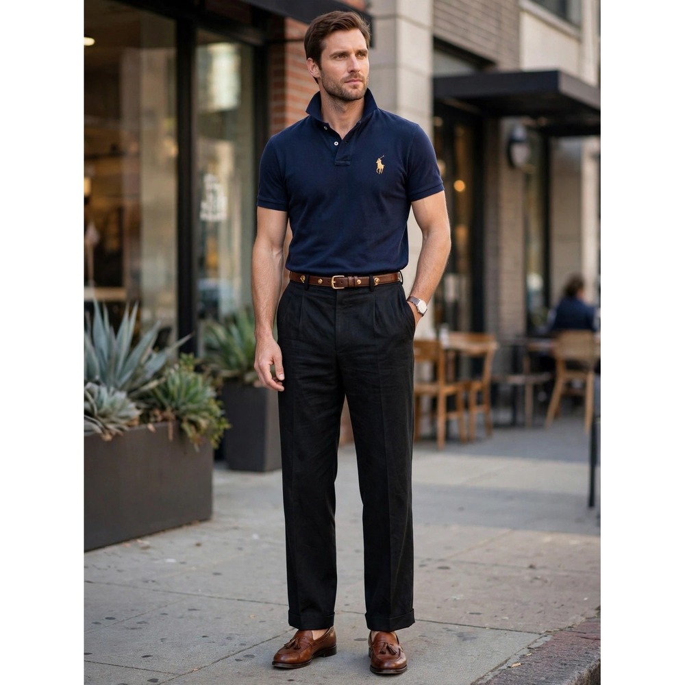 Ralph Lauren Purple Label Mens 38 Black 100% Linen Pleated Cuffed Pants Italy